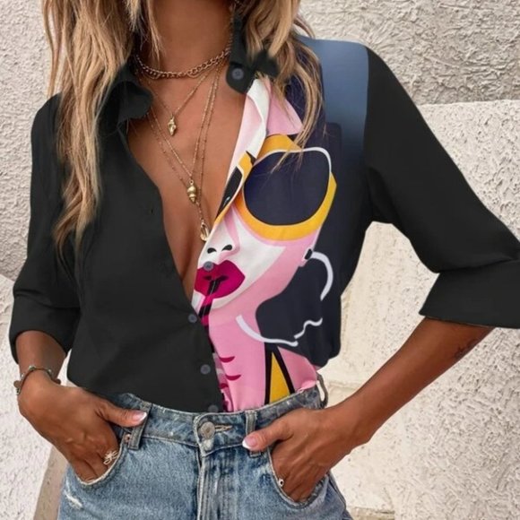 Black Figure Printed Button Down Front Blouse - Picture 4 of 5